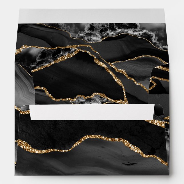 Formal Black Agate Watercolor Gold Glitter Envelope (Back (Bottom))