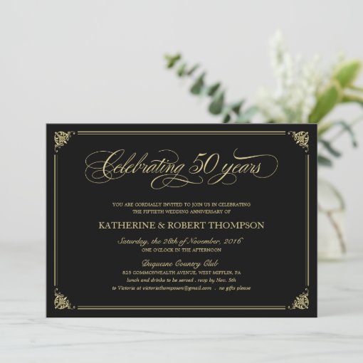 Formal Black and Gold 50th Anniversary Invitations | Zazzle