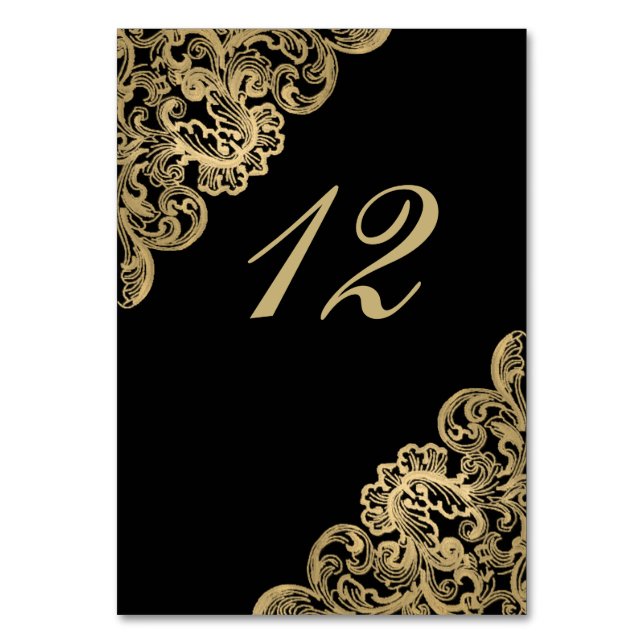 Formal Black and Gold Wedding Table Number Card (Front)