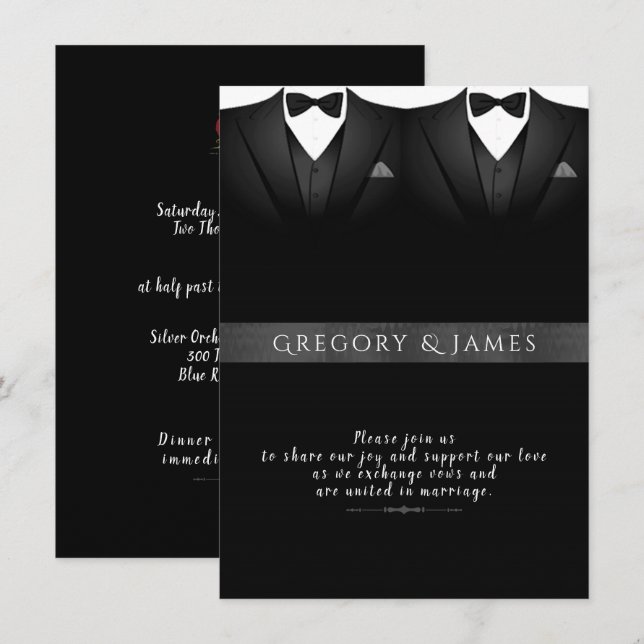 Formal Black and Gray Red Roses Gay Wedding Invitation (Front/Back)