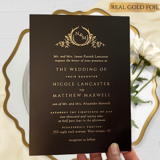 Formal Black and Real Gold Foil Monogram Wedding  Invitation (Creator Uploaded)