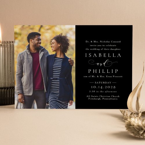 Formal black and white elegant photo wedding invitation