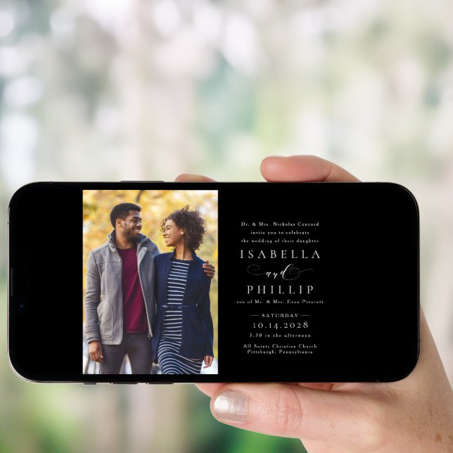 Formal black and white elegant photo wedding invitation (Front Digital)