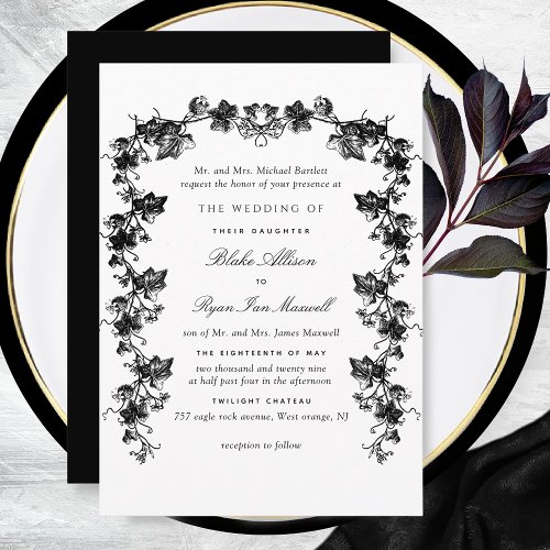 Formal Black and White Enchanting Garlands Wedding Invitation