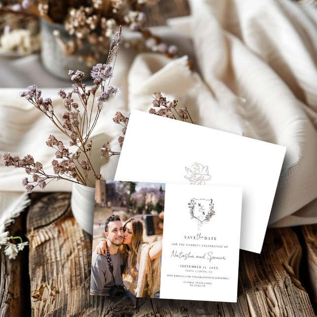 Formal Black and White Floral Crest Monogram Save The Date (Creator Uploaded)