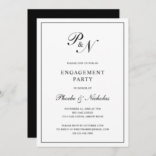 Formal Black and White Monogram Engagement Party Invitation