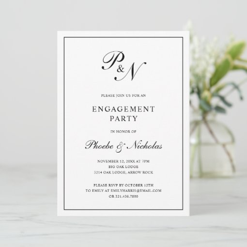 Formal Black and White Monogram Engagement Party Invitation | Zazzle