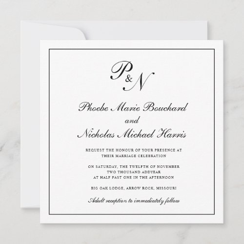 Formal Black and White Monogram Square Wedding Invitation