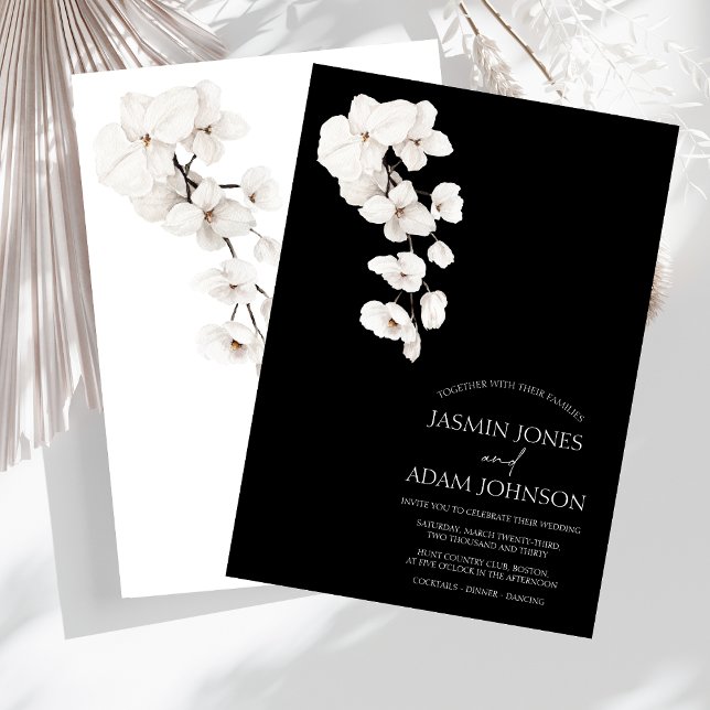 Formal Black and White Orchid Wedding Invitation (Modern Black and White Orchids Flowers Wedding Invitation)