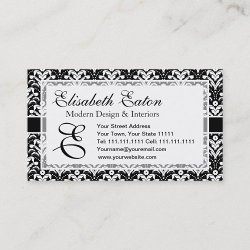 Formal Black and White Retro Damask Art Deco Style Business Card Template