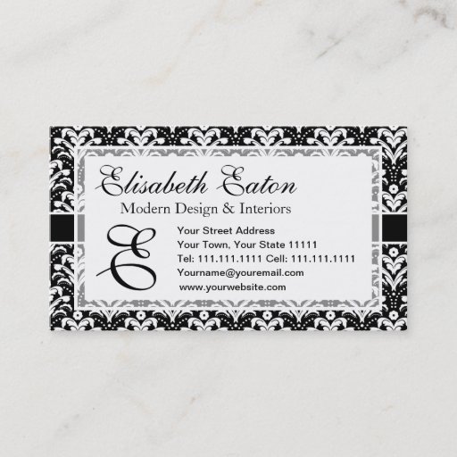 Customizable Formal Black and White Retro Damask Art Deco Style Business Card Template
