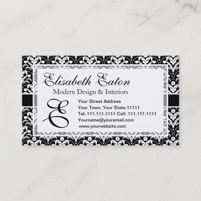 Formal Black and White Retro Damask Art Deco Style Business Card (Front)