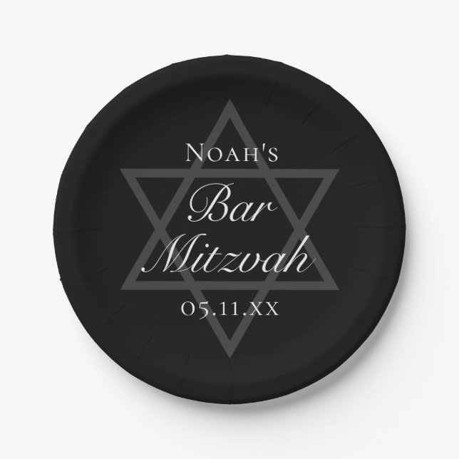 Formal Black Bar Mitzvah Star of David Custom Paper Plates (Front)