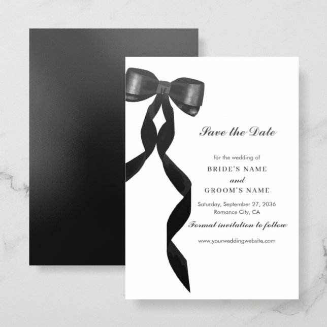Formal Black Bow Elegant Wedding Save the Date Letterpress Photo Cards (Front/Back)