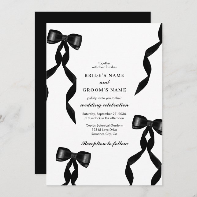 Formal Black Bow Ribbon Elegant Wedding Invitation (Front/Back)