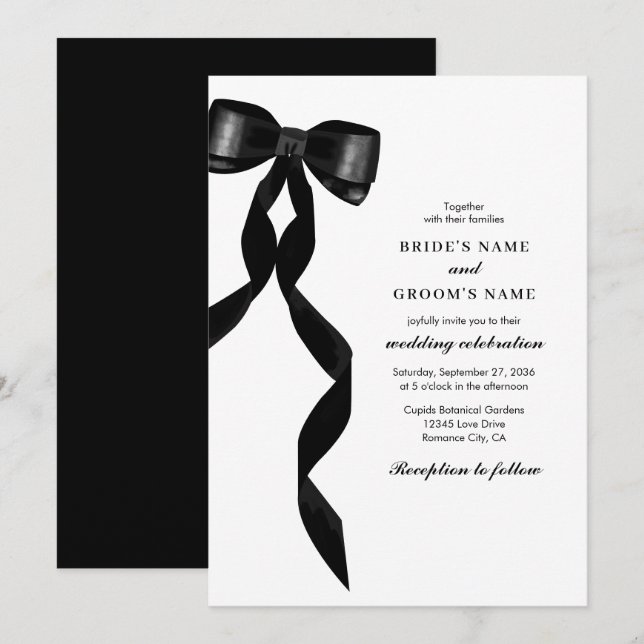 Formal Black Bow Ribbon Elegant Wedding Invitation (Front/Back)