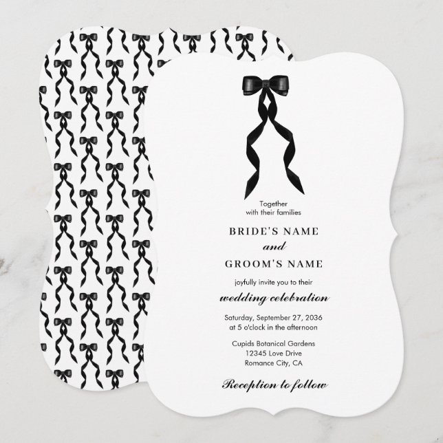 Formal Black Bow Ribbon Elegant Wedding Invitation (Front/Back)