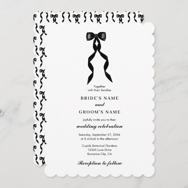 Formal Black Bow Ribbon Elegant Wedding Invitation (Front/Back)
