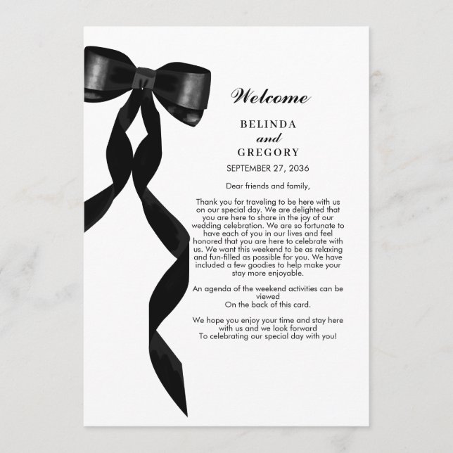 Formal Black Bow Ribbon Elegant Wedding Itinerary Program (Front)