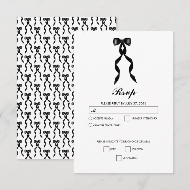 Formal Black Bow Ribbon Elegant Wedding RSVP Card (Front/Back)