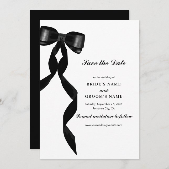 Formal Black Bow Ribbon Elegant Wedding Save The Date (Front/Back)
