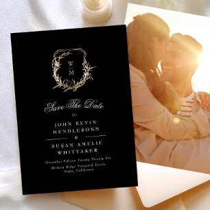 Formal Black & Cream Monogram Gold Crest Photo Save The Date