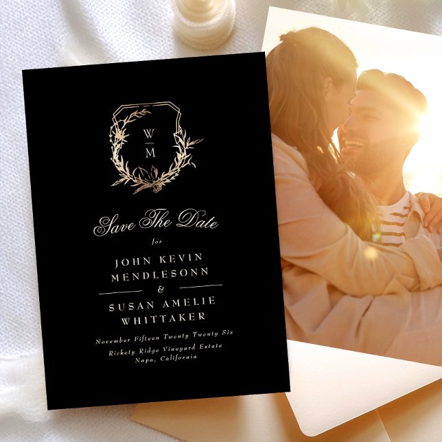 Formal Black & Cream Monogram Gold Crest Photo Save The Date (Creator Uploaded)