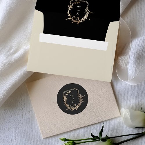 Formal Black  Cream Monogram Gold Wreath Wedding Classic Round Sticker