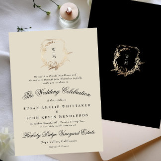 Formal Black & Cream Monogram Gold Wreath Wedding Invitation