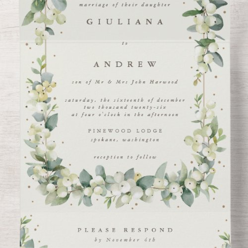 Formal BlackCream SnowberryEucalyptus Wedding All In One Invitation