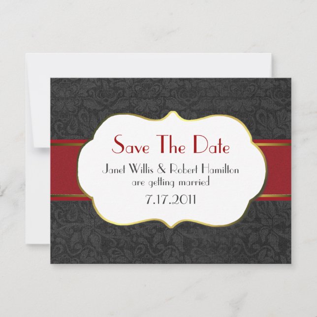 Formal Black Damask Save the Date Announcement (Front)
