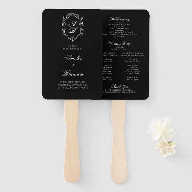Formal Black Floral Monogram Crest Wedding Program Hand Fan (Front and Back)