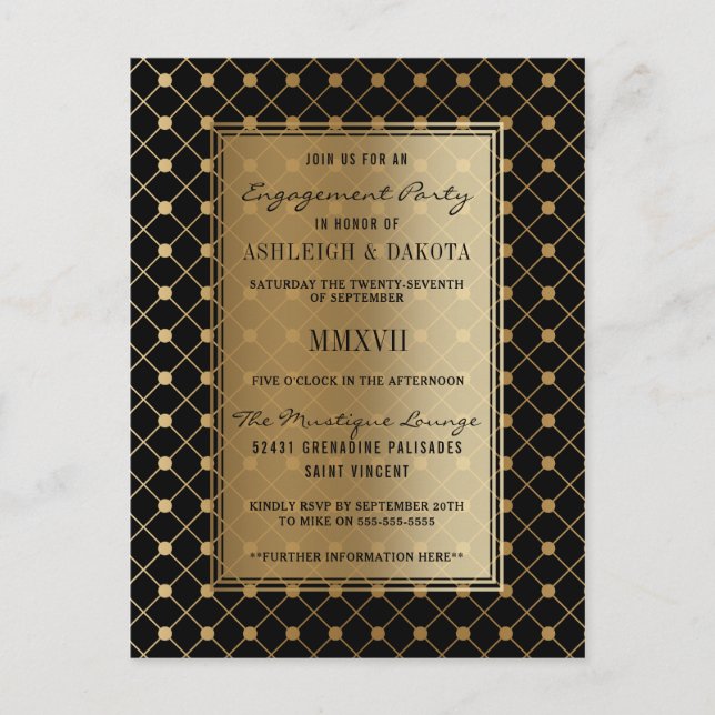 Formal Black & Gold Geometric Engagement Party Invitation Postcard (Front)