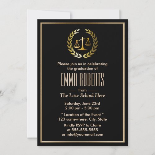 Formal Black &amp; Gold Law School Graduation 5x7 Paper Invitation Card