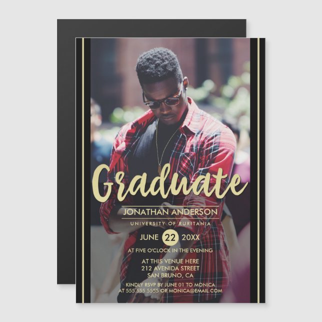 Formal Black & Gold Stripes & Script Grad Photo Magnetic Invitation (Front/Back)