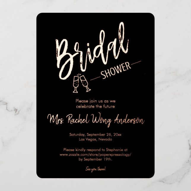 Formal Black Minimal Bridal Shower Photo Rose Gold Foil Invitation (Front)
