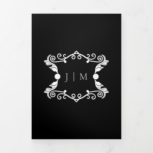 Formal Black Modern Ornament Frame Wedding Tri-Fold Card