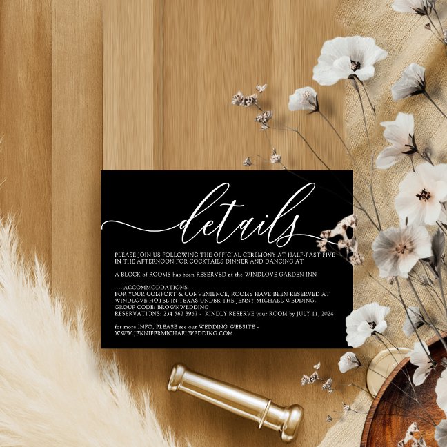 Formal Black Modern Wedding Accommodation Details Enclosure Card