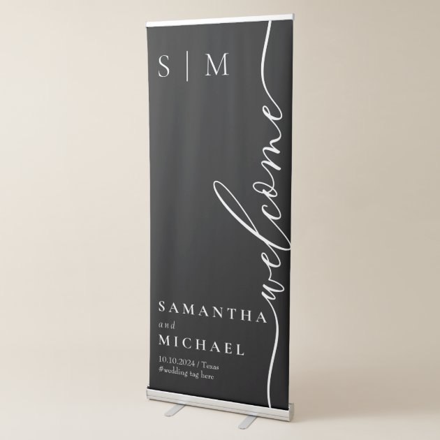Formal Black Modern Wedding Welcome Retractable Banner
