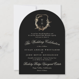 Formal Black Monogram Gold Wreath Wedding Arch Invitation