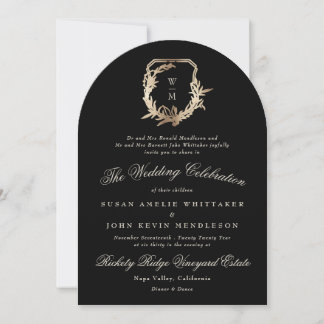 Formal Black Monogram Gold Wreath Wedding Arch Invitation