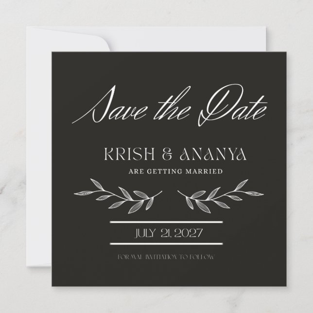 Formal Black Save the Date with White Font Invitation (Front)