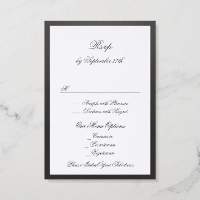 Formal Black Script Letterpress RSVP Card (Front)