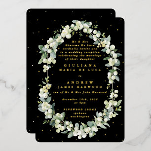 Formal Black Snowberry+Eucalyptus Reception Only Foil Invitation