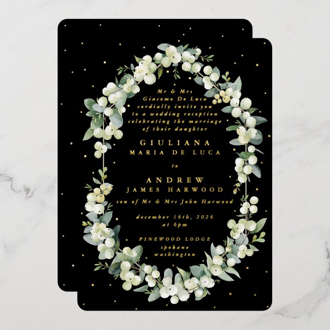 Formal Black Snowberry+Eucalyptus Reception Only Foil Invitation (Front/Back)