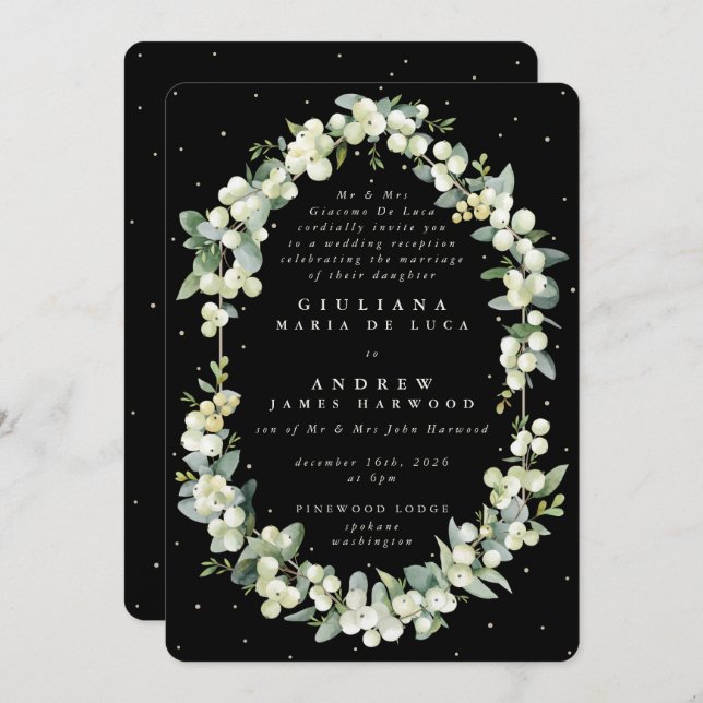 Formal Black Snowberry+Eucalyptus Reception Only Invitation (Front/Back)