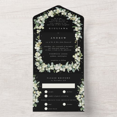 Formal Black SnowberryEucalyptus Winter Wedding All In One Invitation