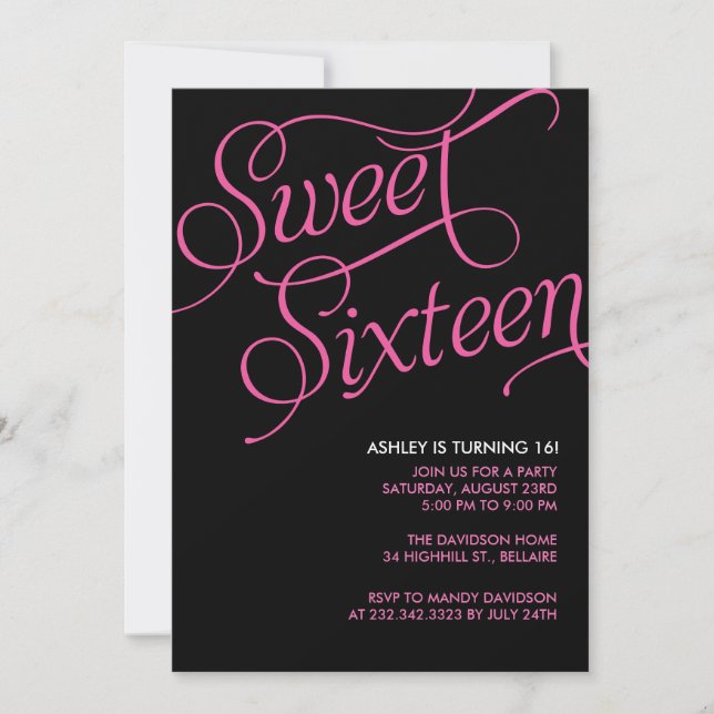 Formal Black Sweet 16 Invitations (Front)