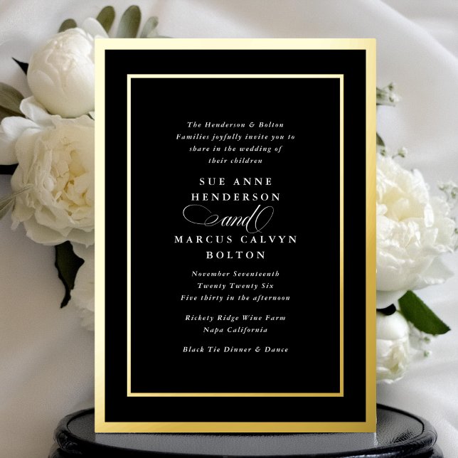 Formal Black Tie Calligraphy Gold Frame Wedding Foil Invitation (Creator Uploaded)