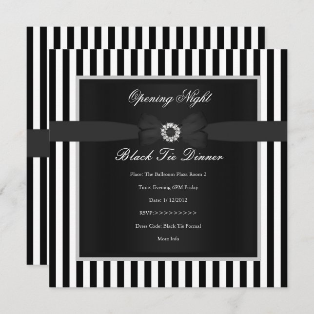 Formal Black Tie Dinner Black White Stripe Bow Invitation (Front/Back)
